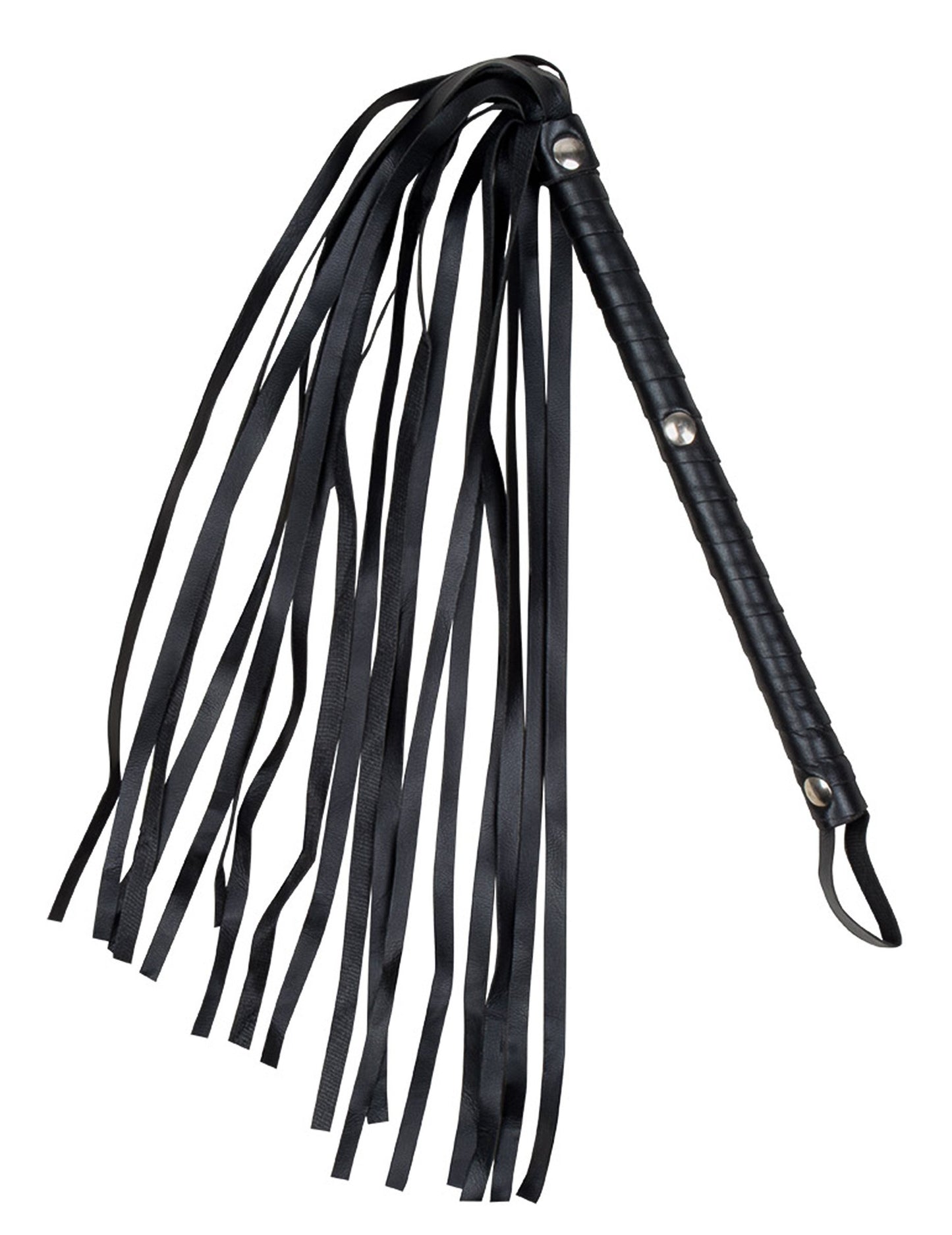 Felnőtt fekete műbőr ostor pántokkal és ezüst szegecsekkel