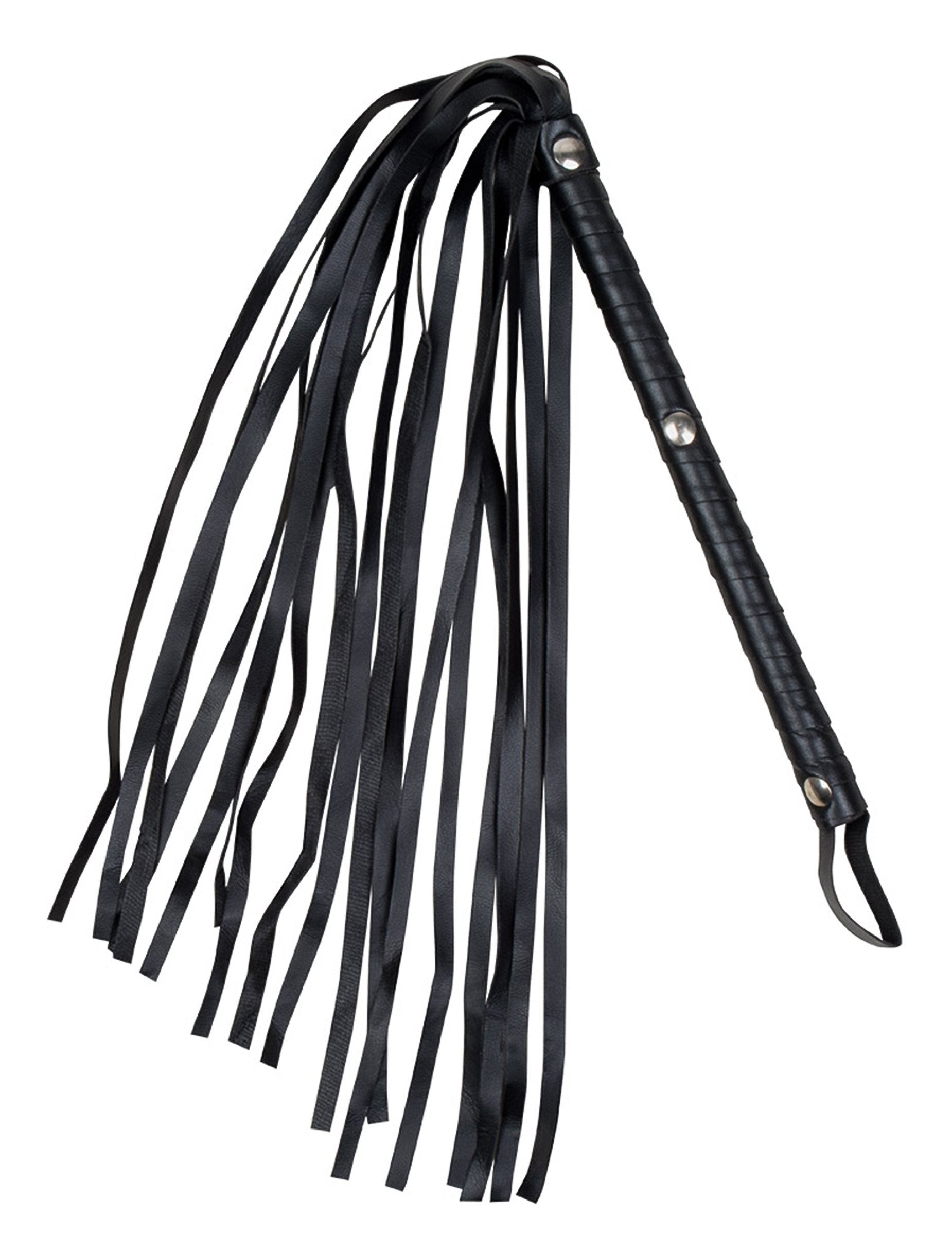 Felnőtt fekete műbőr ostor pántokkal és ezüst szegecsekkel