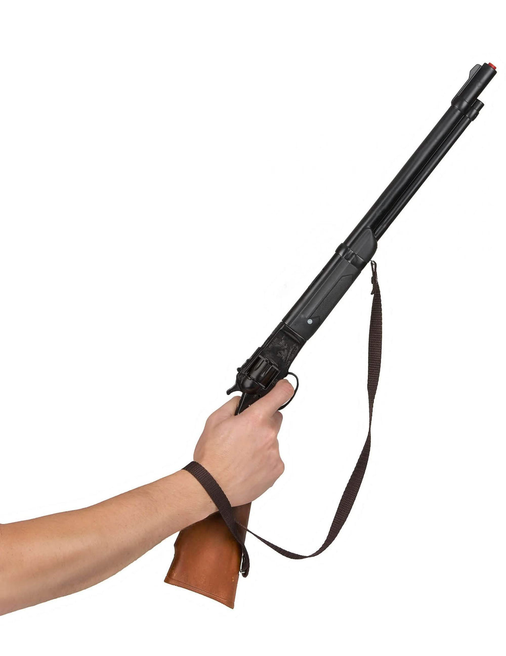 A cowboy 8 lövéses műanyag puskájának markolat- és vállszíj-részletei
