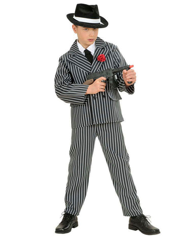 Fekete-fehér csíkos gengszterjelmez fiúknak, kalappal