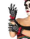 Gants courts squelette mexicain Dia de los muertos pour femme noirs avec roses rouges et dentelle