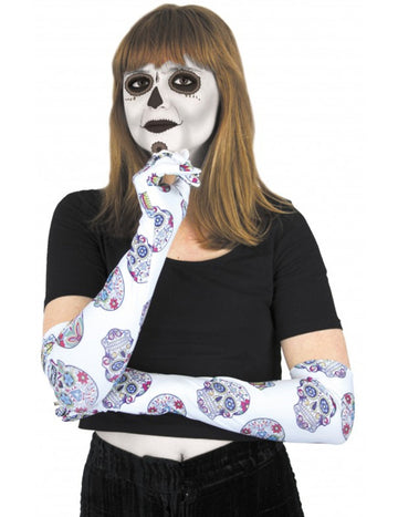 Fehér hosszú kesztyű színes csontváz dia de los muertos