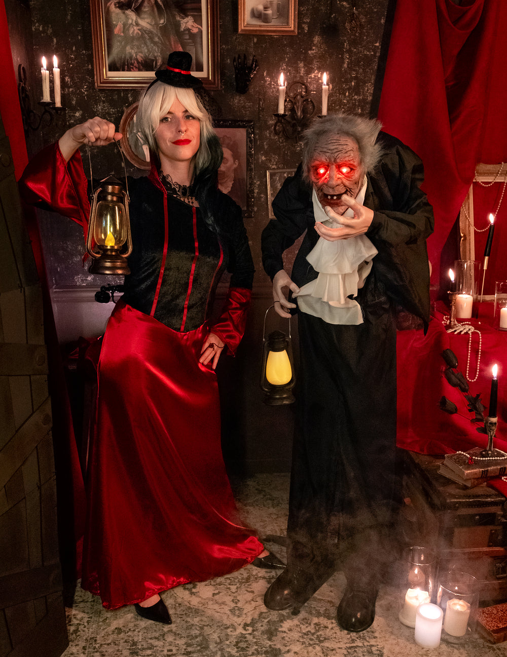 Décoration Gardien maudit avec lanterne pour Halloween noir aux yeux rouges lumineux