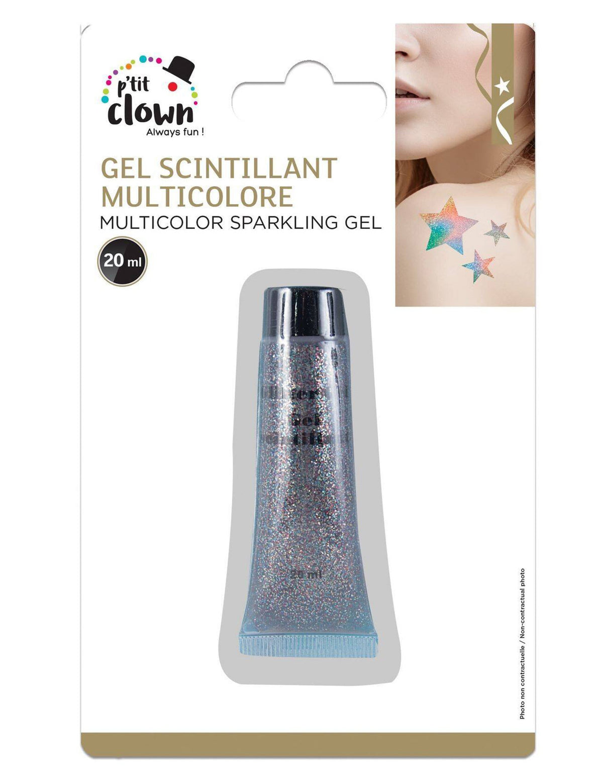 Vue de l'emballage du gel à paillettes multicolores