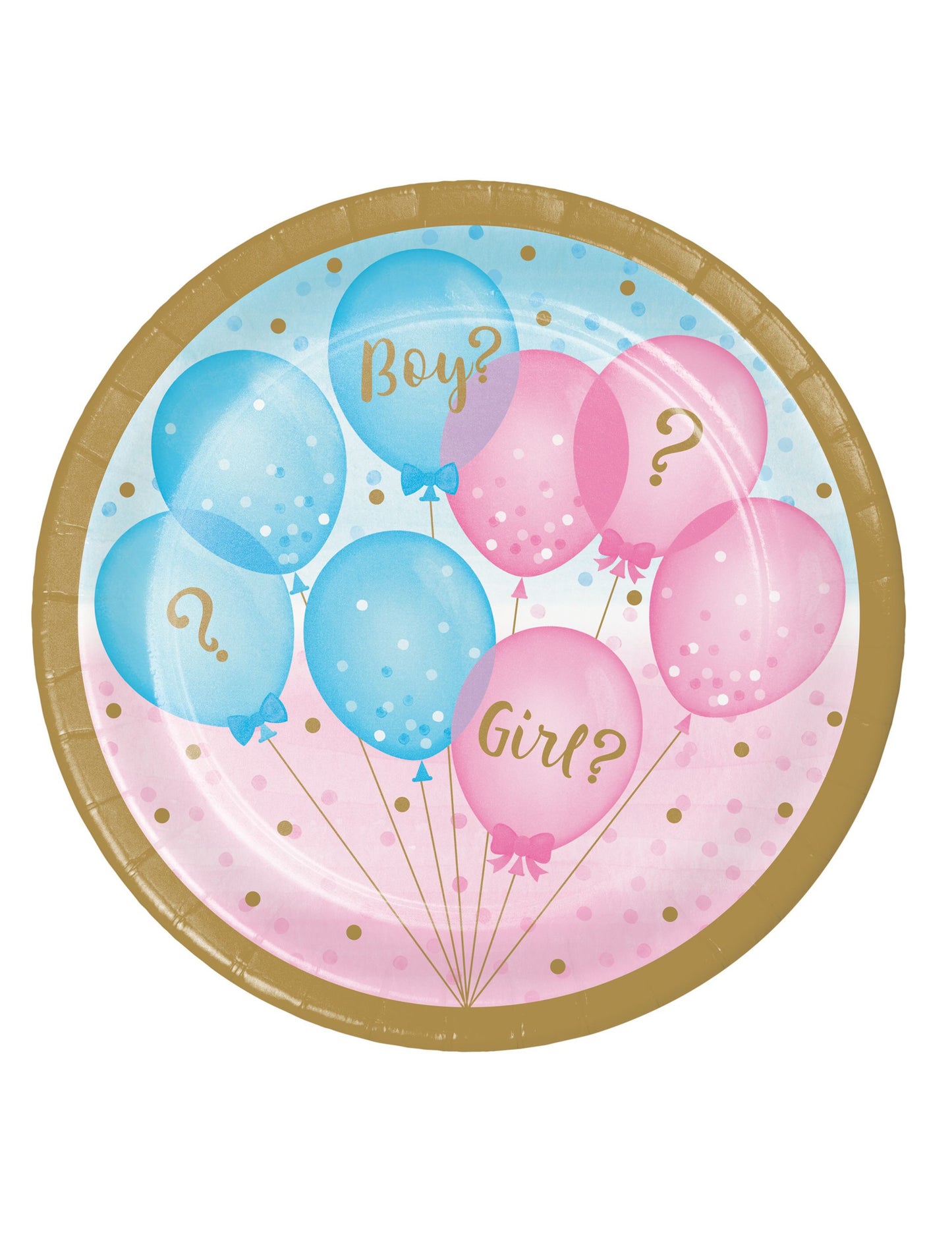8 db kis rózsaszín és kék nemet felfedő papírtányér, 18 db cm arany szegélyek