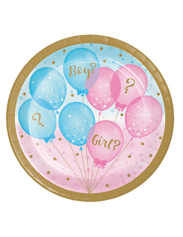 8 db kis rózsaszín és kék nemet felfedő papírtányér, 18 db cm arany szegélyek