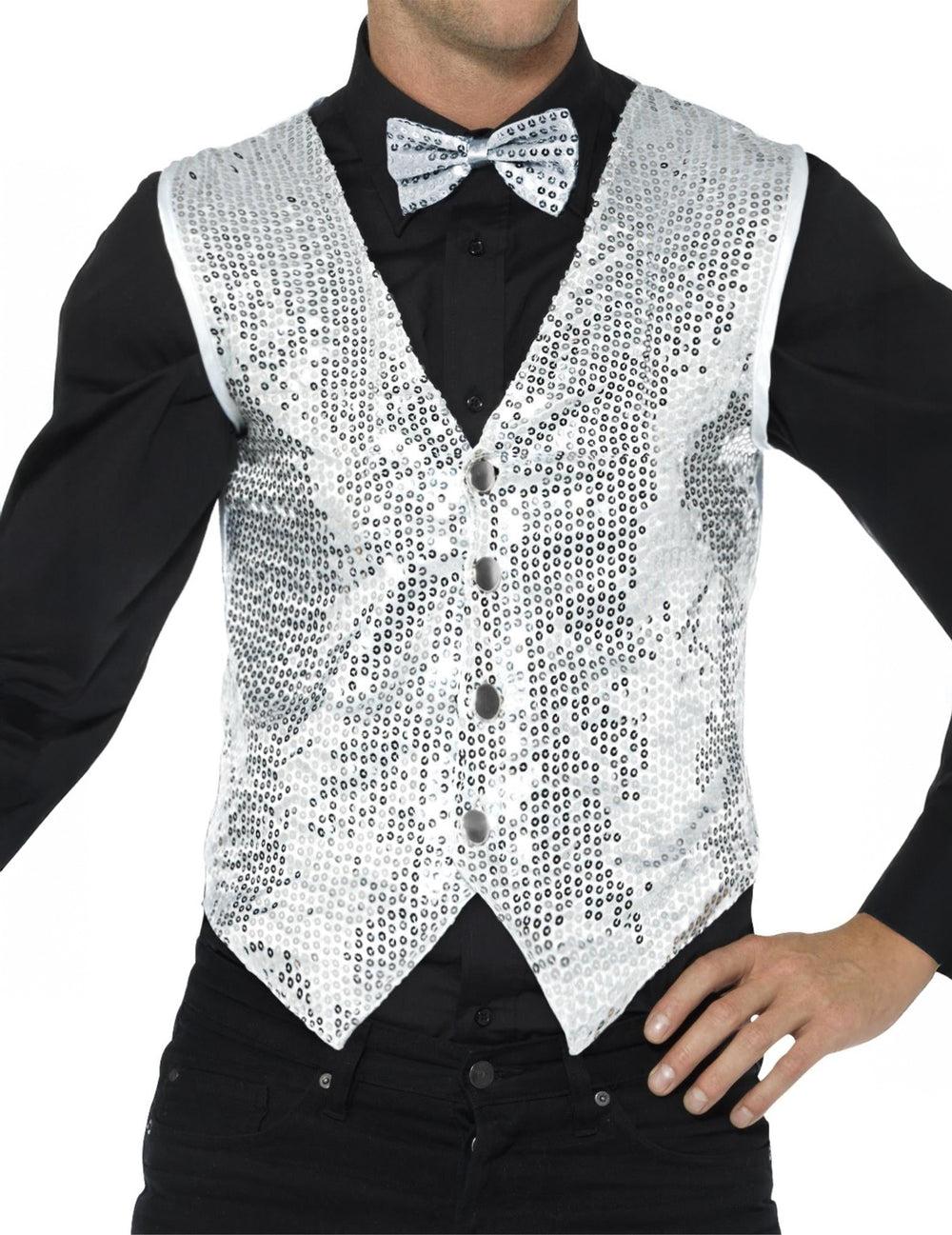 Vue de face du gilet à sequins pour adulte argent