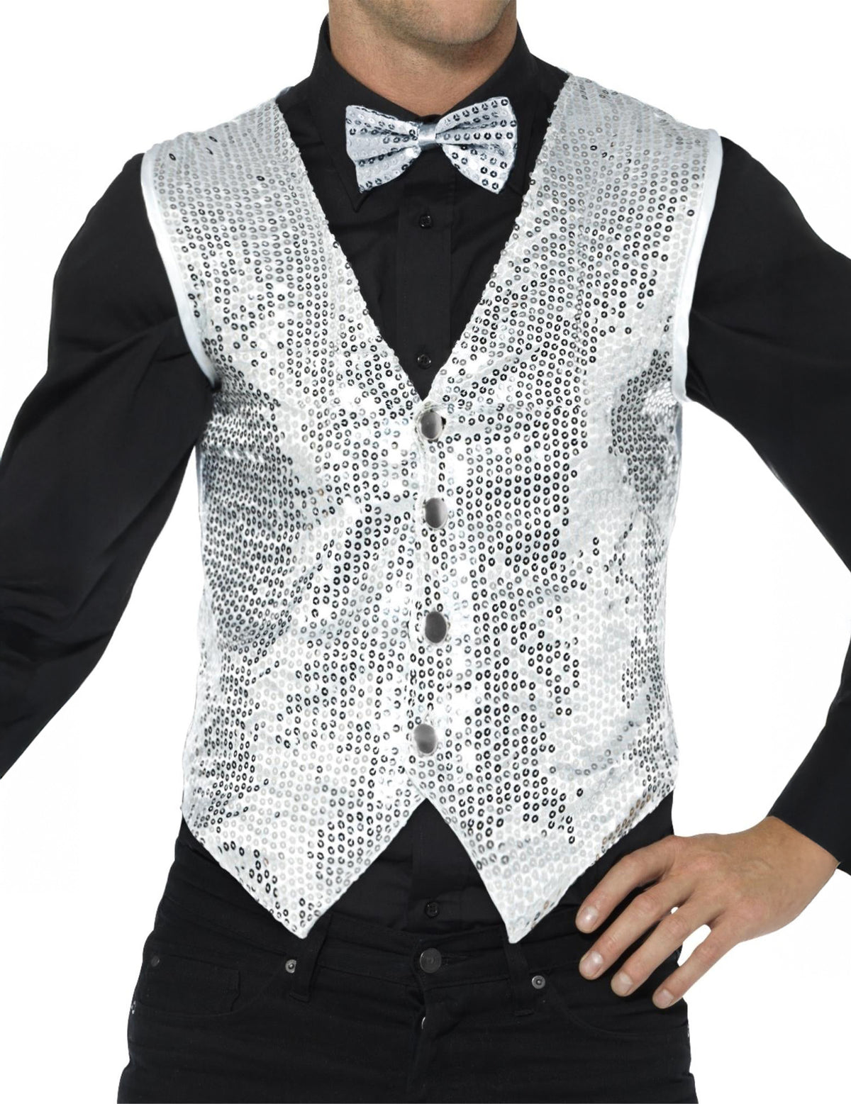 Vue de face du gilet à sequins pour adulte argent