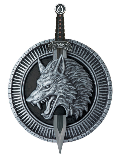 Glaive et bouclier de guerrier au loup pour adulte argenté avec tête de loup sculptée