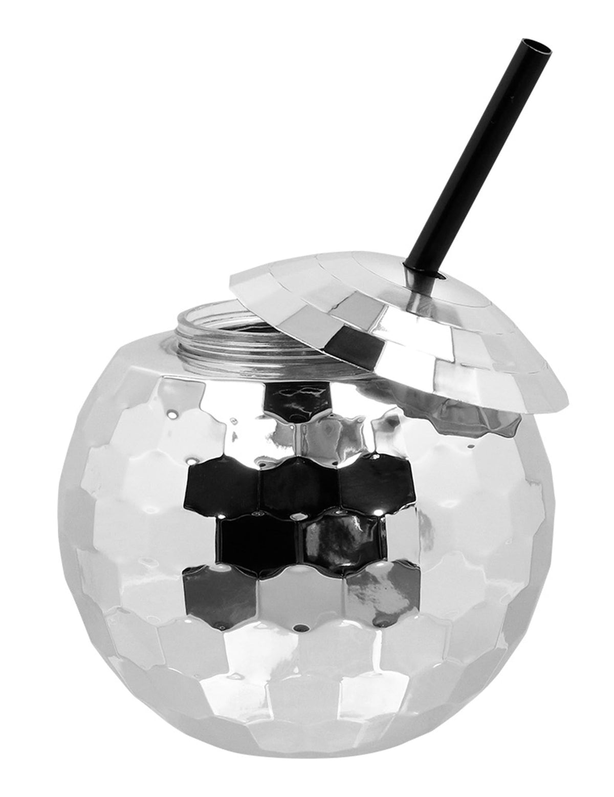 Détail du couvercle ouvert du gobelet boule disco avec paille argent