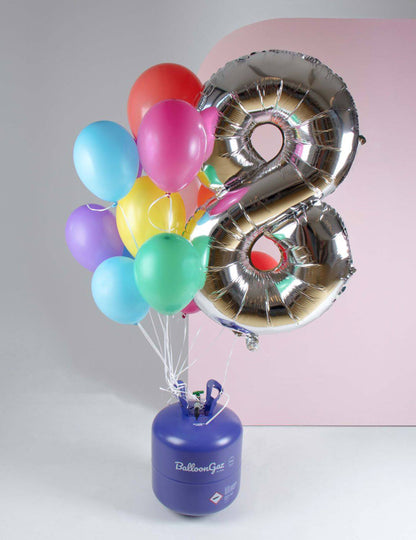 Ballon chiffre 8 argenté et ballons colorés de la bouteille d'hélium pour ballons jusqu'à 85 ballons