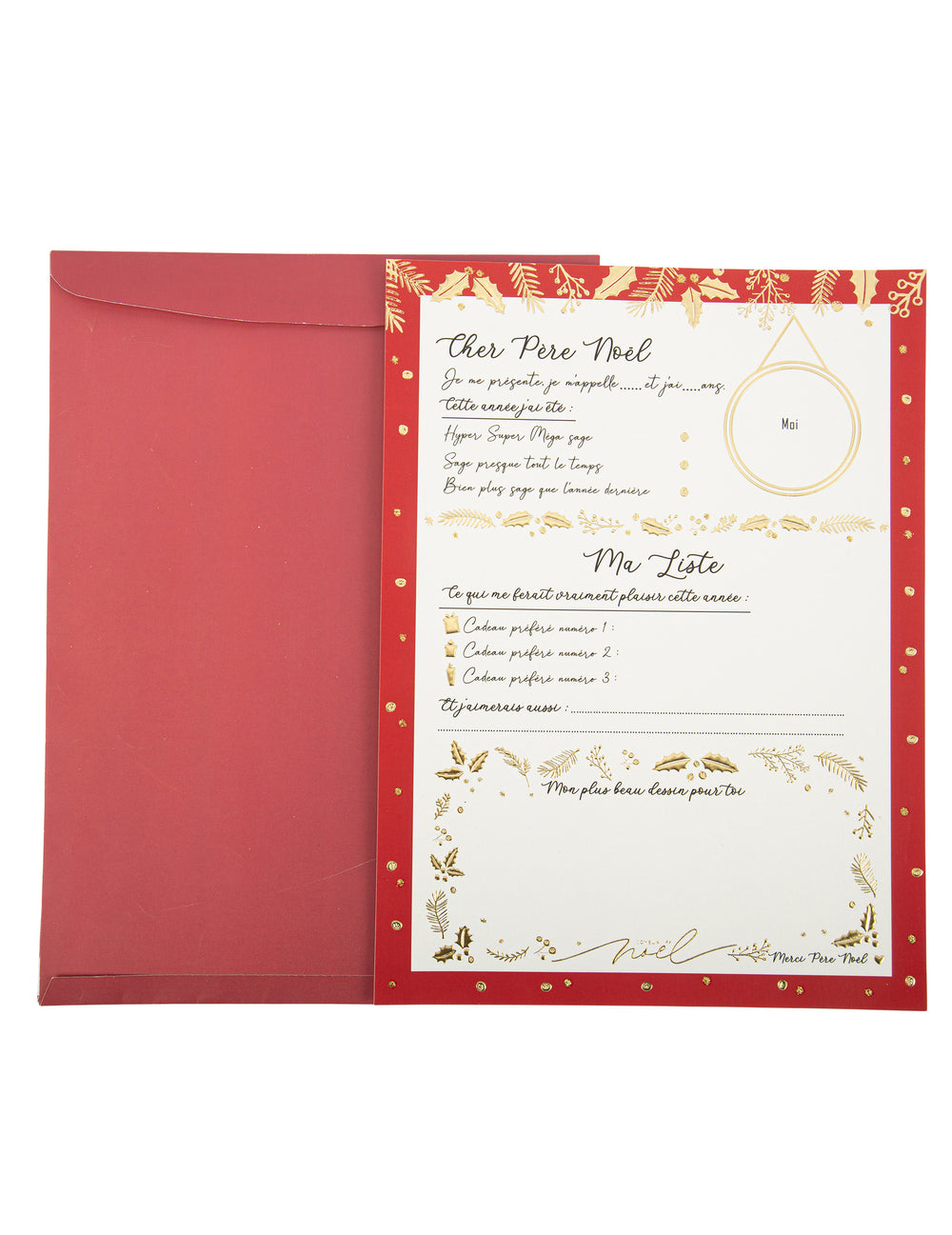 Grande lettre au Père-Noël avec enveloppe Holly Christmas rouge et dorée à remplir