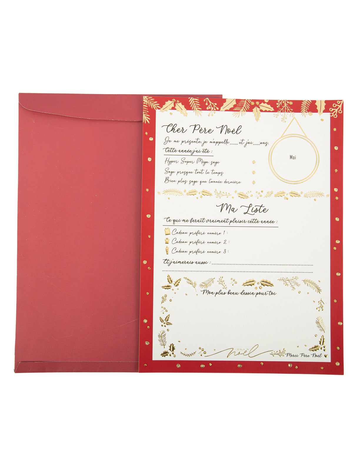 Grande lettre au Père-Noël avec enveloppe Holly Christmas rouge et dorée à remplir