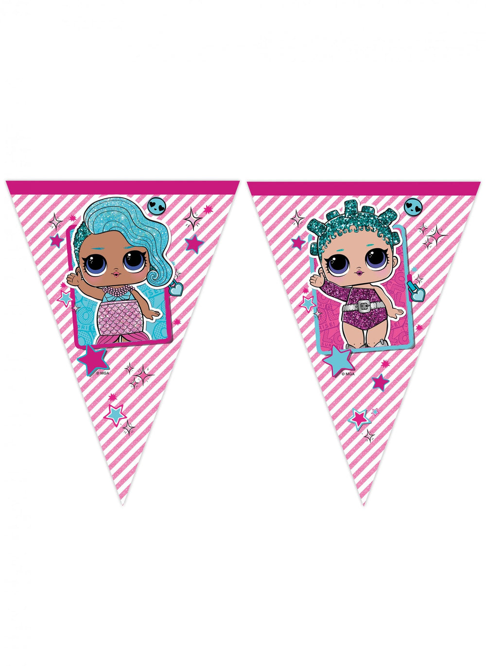 Guirlande en plastique 9 fanions LOL pour enfant rose et blanc à rayures