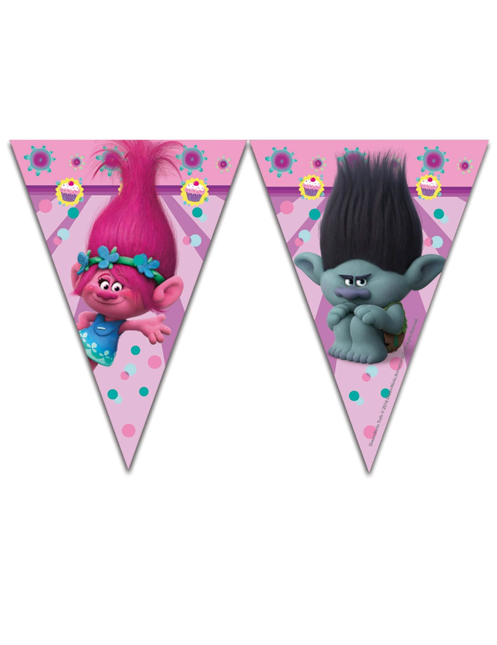 Trolls 9 zászlós girland gyermekeknek rózsaszínben Poppyval és Branche-csal