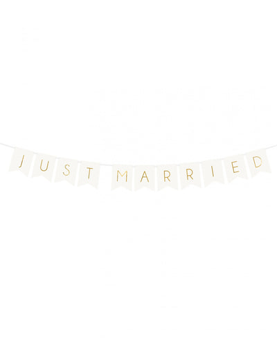 Guirlande à fanions Just Married pour mariage blanc et or en carton