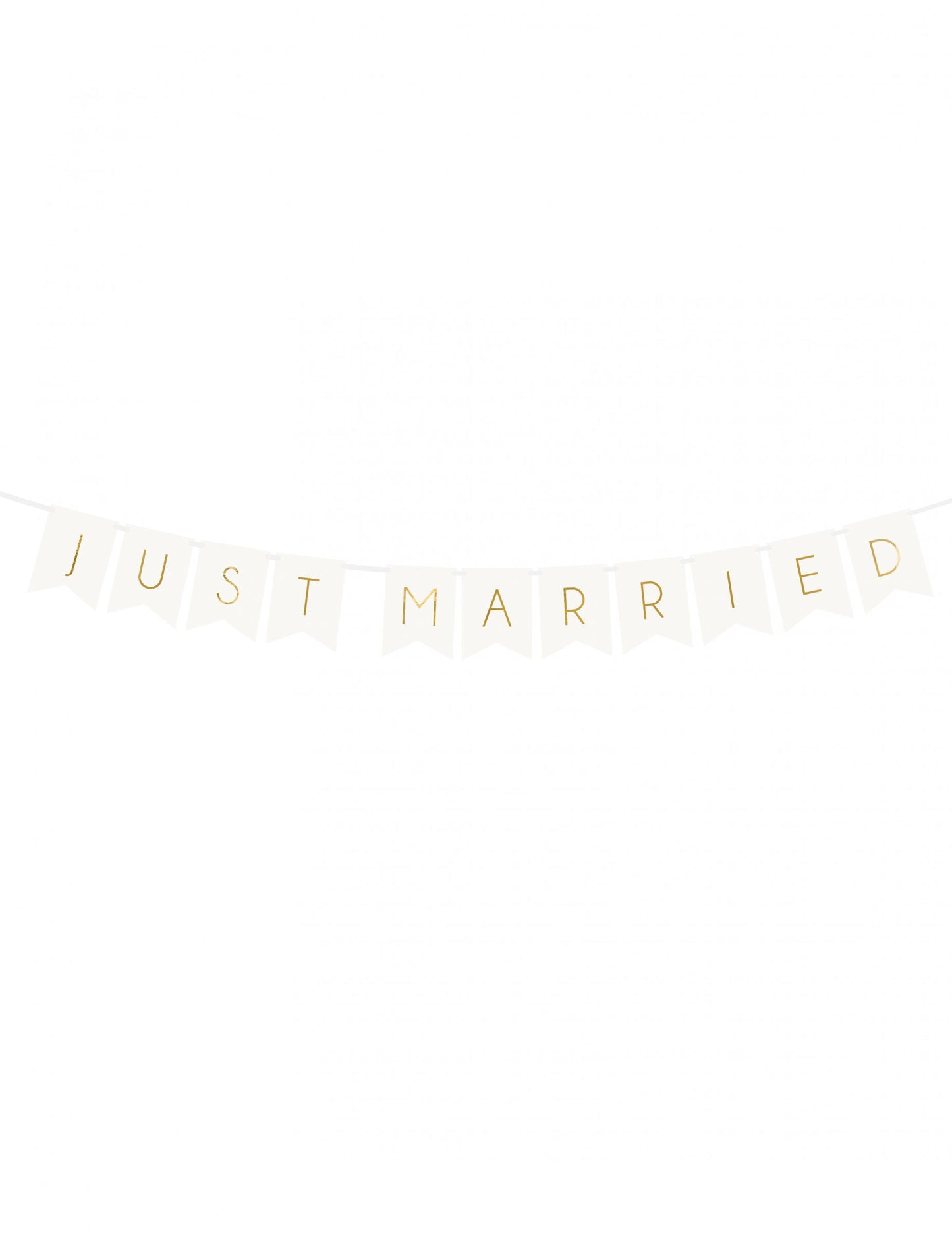 Guirlande à fanions Just Married pour mariage blanc et or en carton