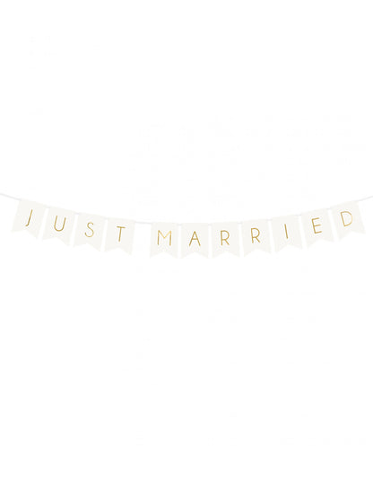 Guirlande à fanions Just Married pour mariage blanc et or en carton