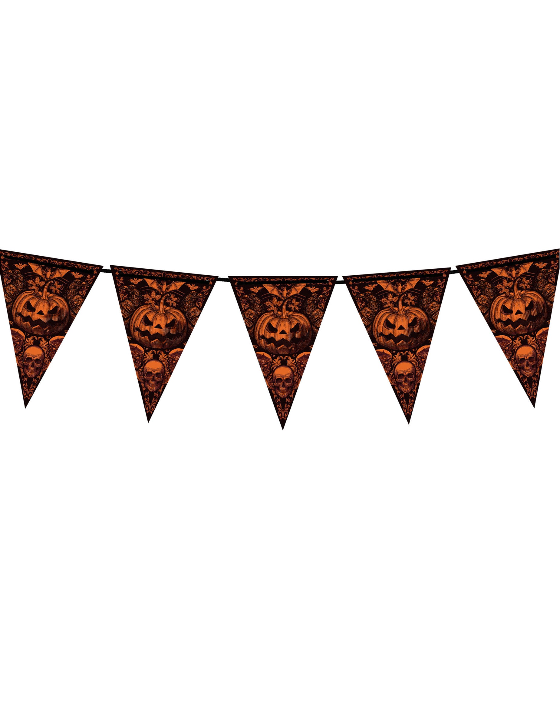 Guirlande à fanions citrouille gothique orange et noire avec têtes de mort et chauves-souris