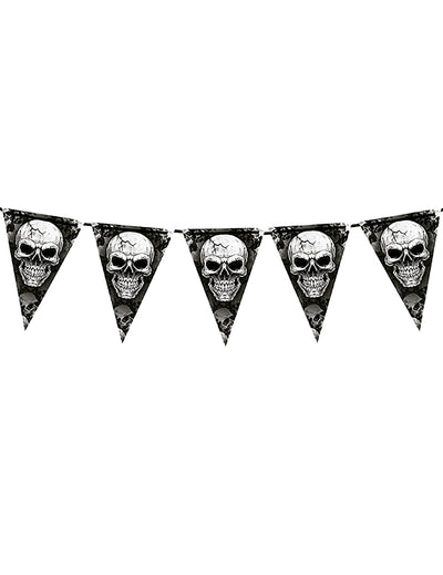 Guirlande à fanions tête de mort pour décoration noire et blanche