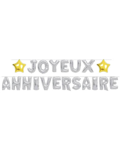 Guirlande ballons Joyeux Anniversaire argentée avec étoiles dorées