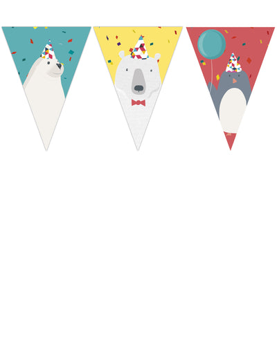 Guirlande de 9 fanions arctique aux animaux polaires multicolore avec ours et pingouin
