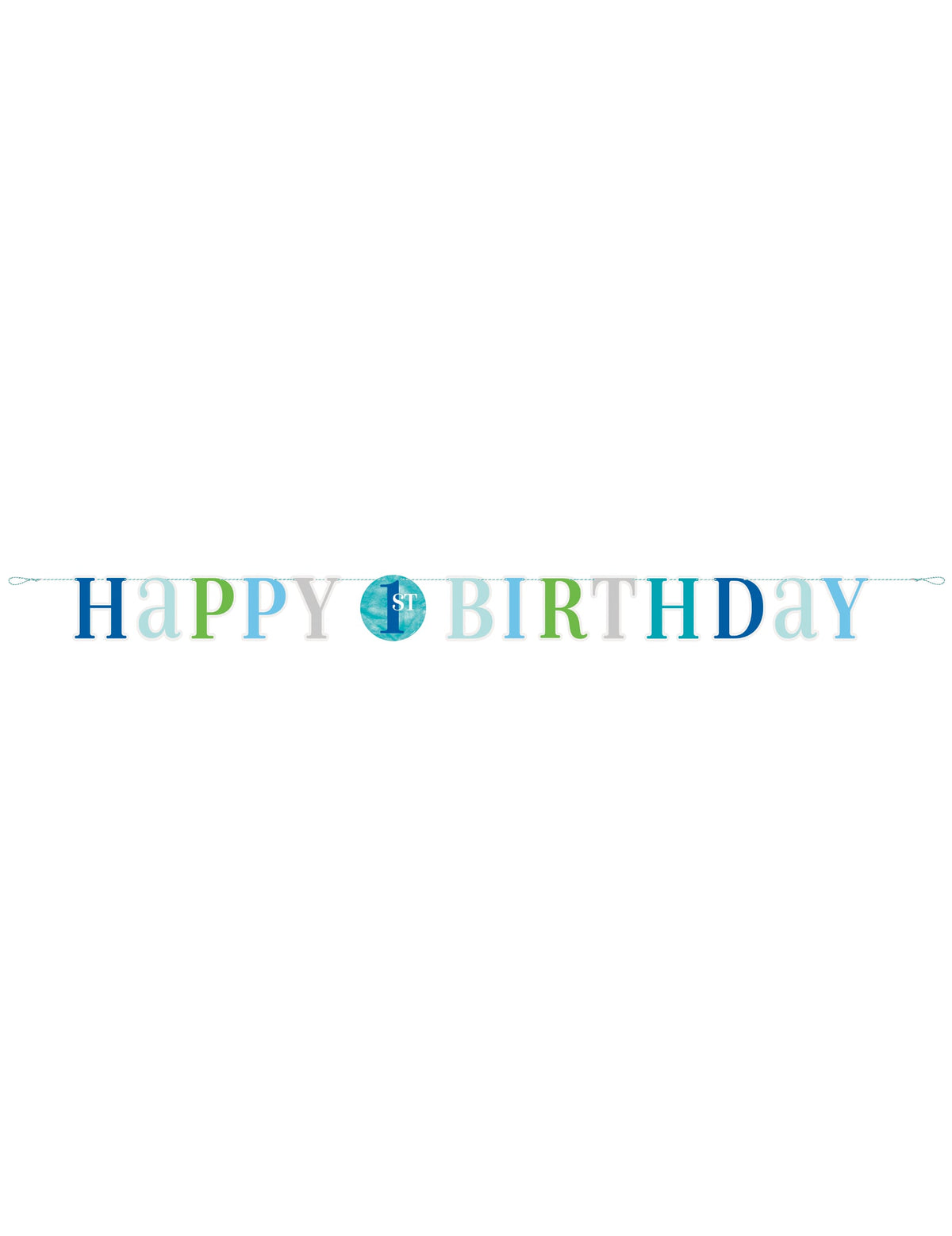 Vue d'ensemble de la guirlande en carton happy 1st birthday pour garçon bleue