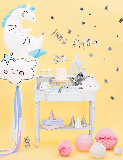 Metál ezüst "Boldog születésnapot" kartonfüzér, 16,5 x 62 cm cm parti dekorációk