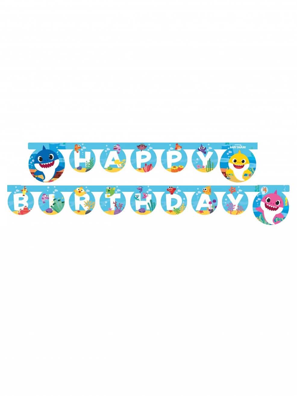 Papír girland Happy Birthday Baby Shark kék, cápamintákkal