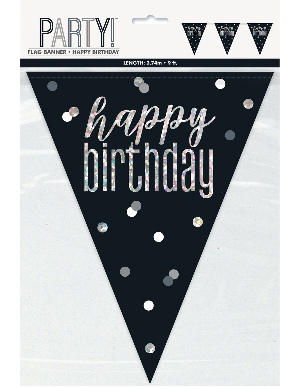 Guirlande à fanions Happy Birthday pour anniversaire noire et grise avec lettrage argenté