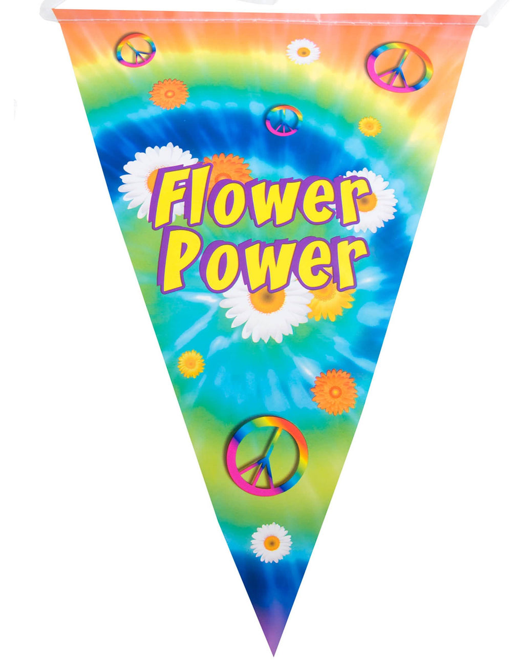 Hippi zászlófüzér sokszínű dekorációhoz Flower Power motívumokkal és peace and love szimbólumokkal