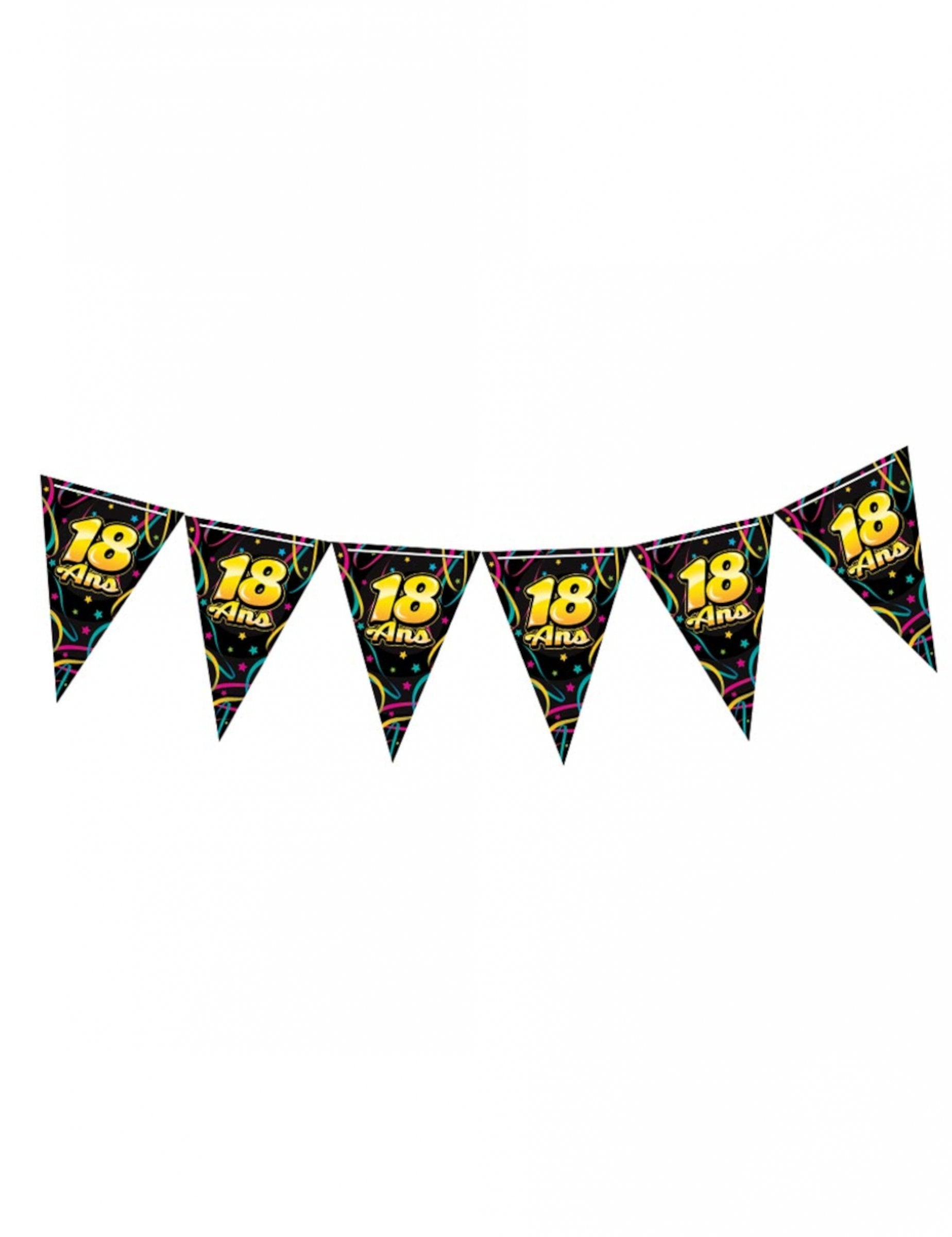 Szülinapi zászlófüzér 18 éveseknek fekete bulira sárga számokkal és színes konfettivel
