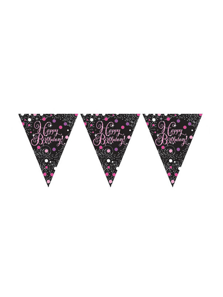 Guirlande fanions Happy Birthday pour anniversaire rose et noir célébration pétillante
