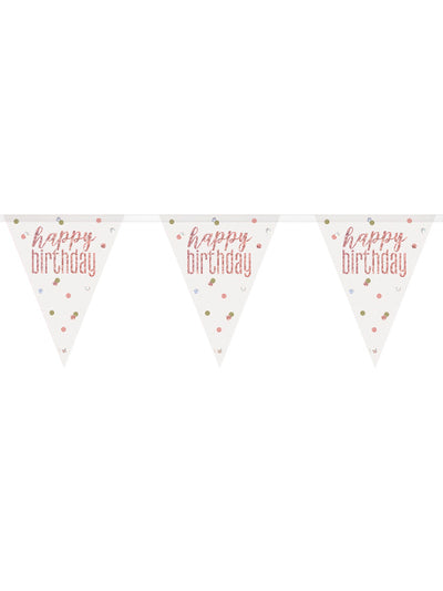 Guirlande fanions en plastique Happy Birthday blanche et rose à pois