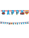 Guirlande Happy Birthday Sam le Pompier pour enfant bleue avec camions de pompiers