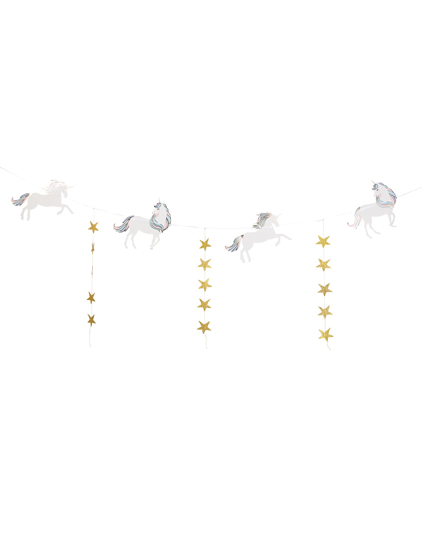 Pasztell unikornis girland arany csillagokkal, 2m, születésnapra