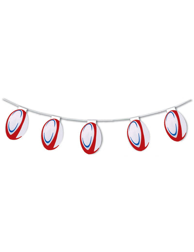 Guirlande en papier ignifugé ballons de rugby pour décoration blanc rouge et bleu