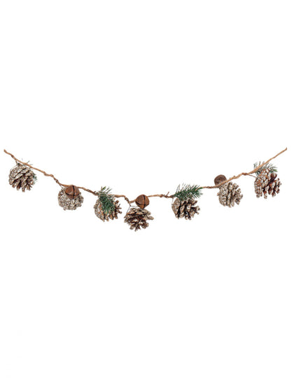 Guirlande pommes de pin pailletées grelots et sapin pour décoration naturelle et dorée sur corde