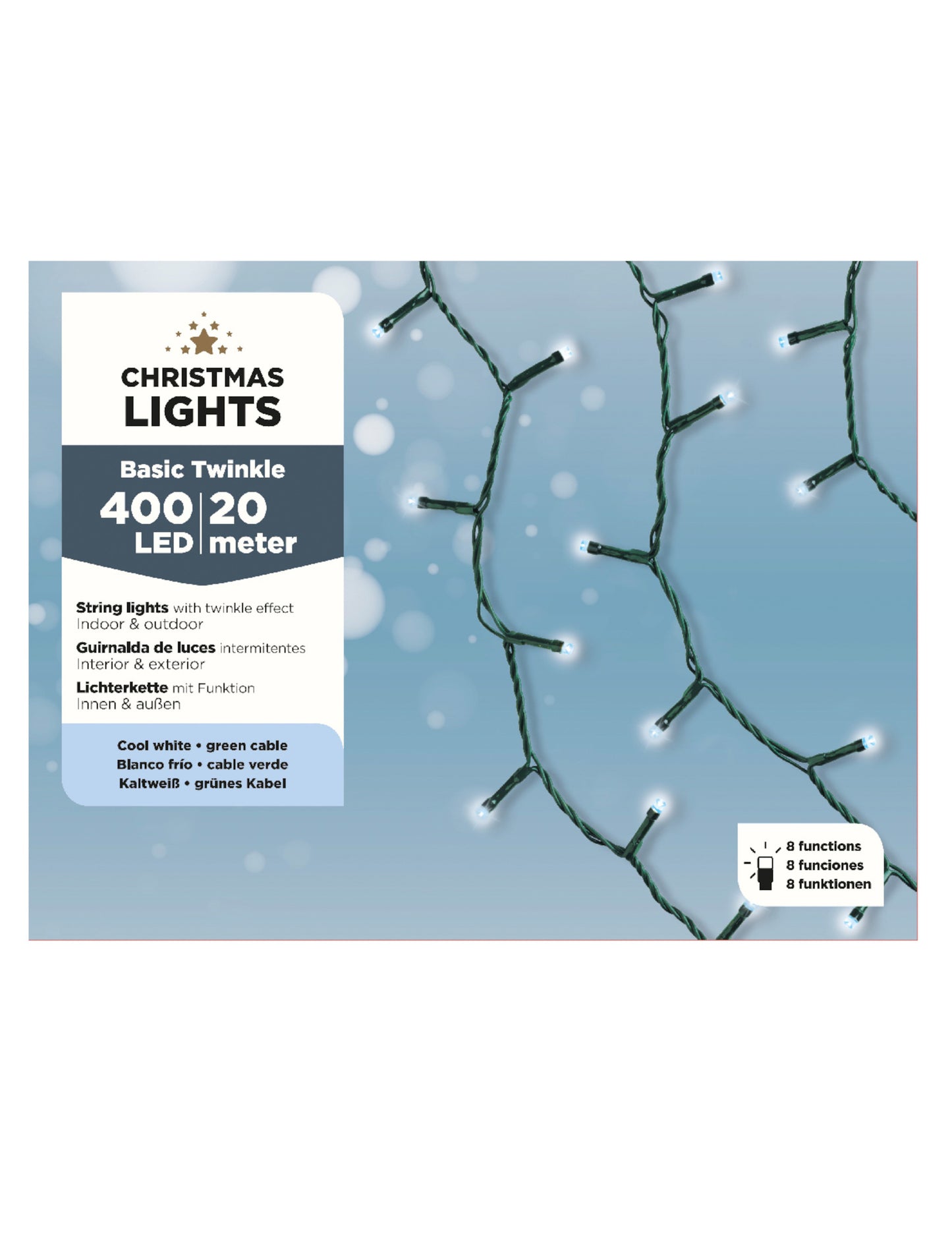 400 LED-es égősor, 20 m, hideg fehér, 8 funkció