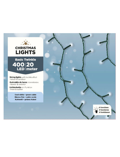 400 LED-es égősor, 20 m, hideg fehér, 8 funkció