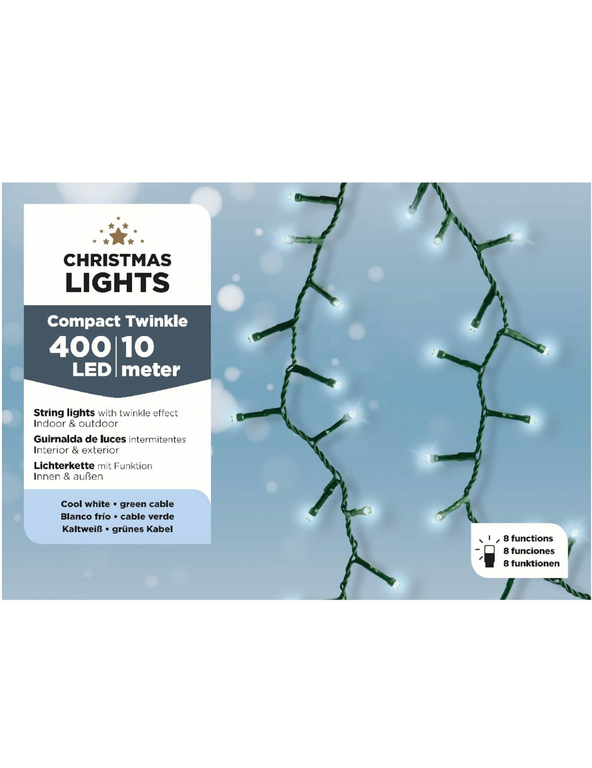 A 400 LED-es fényfüzér izzóinak részletei fehér dekorációhoz, 10 m, 8 funkcióval