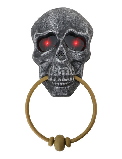 Heurtoir de porte tête de mort pour Halloween lumineux et sonore gris aux yeux rouges