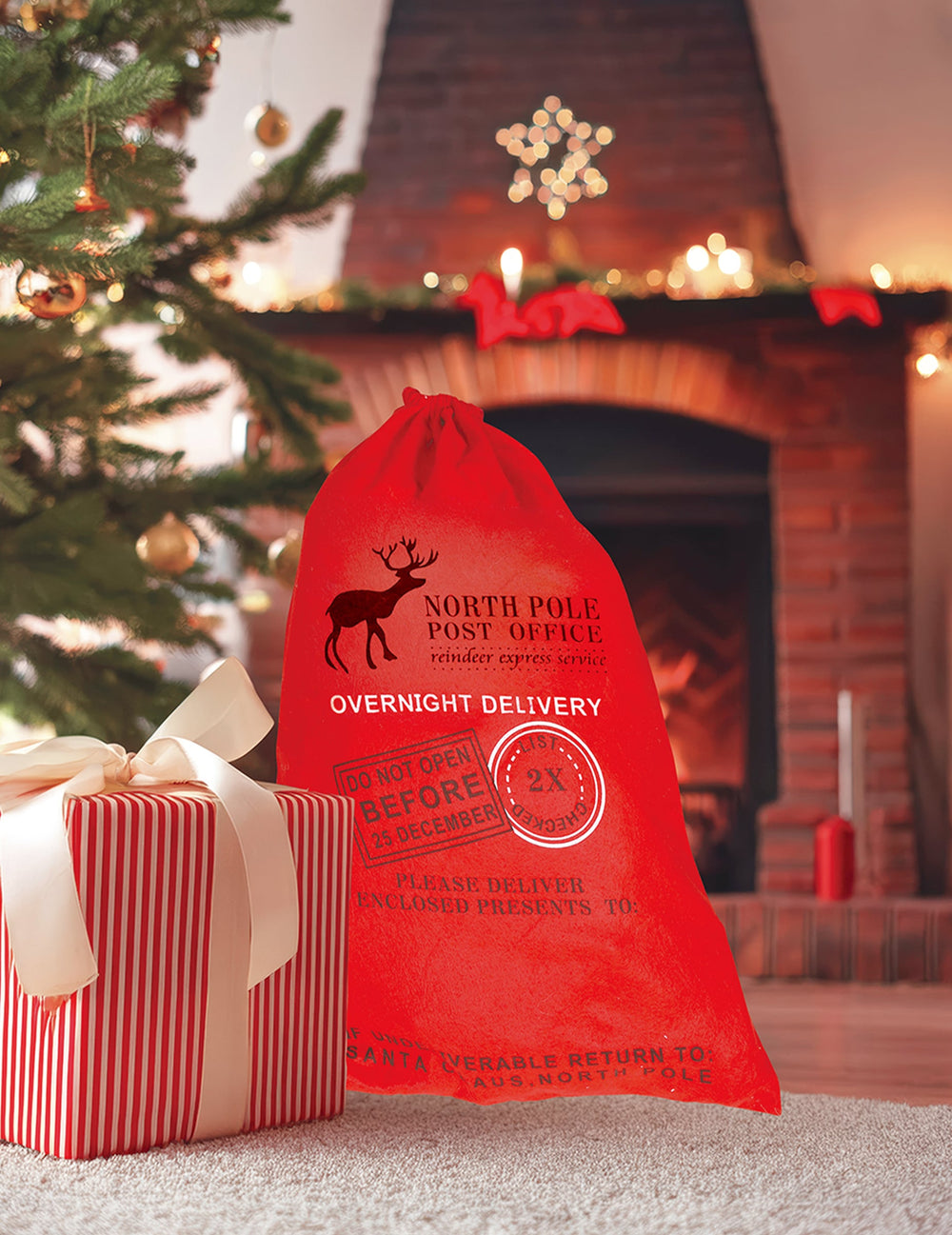 Mise en situation au pied du sapin de la hotte de Père Noël rouge