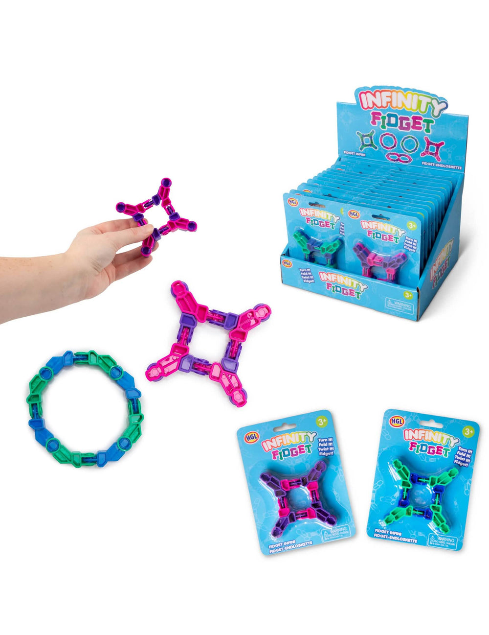 Mozgatható Infinity Fidget játék gyermekeknek sokszínű rózsaszín, kék és zöld színben, állvánnyal