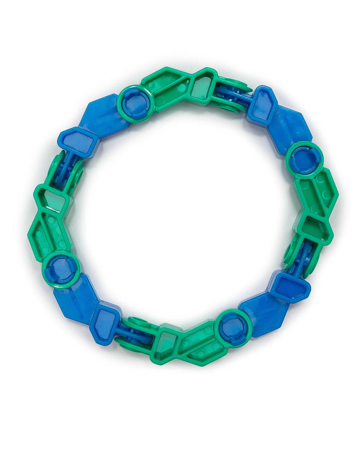 Kör alakú nézet a kék és zöld Infinity Fidget csuklós játékról