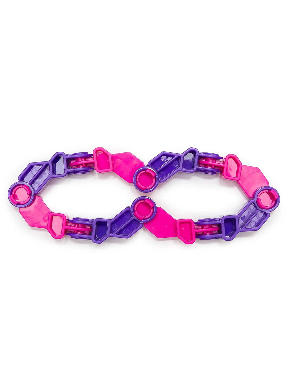 Végtelen alakú nézet a rózsaszín és lila Infinity Fidget csuklós játékról