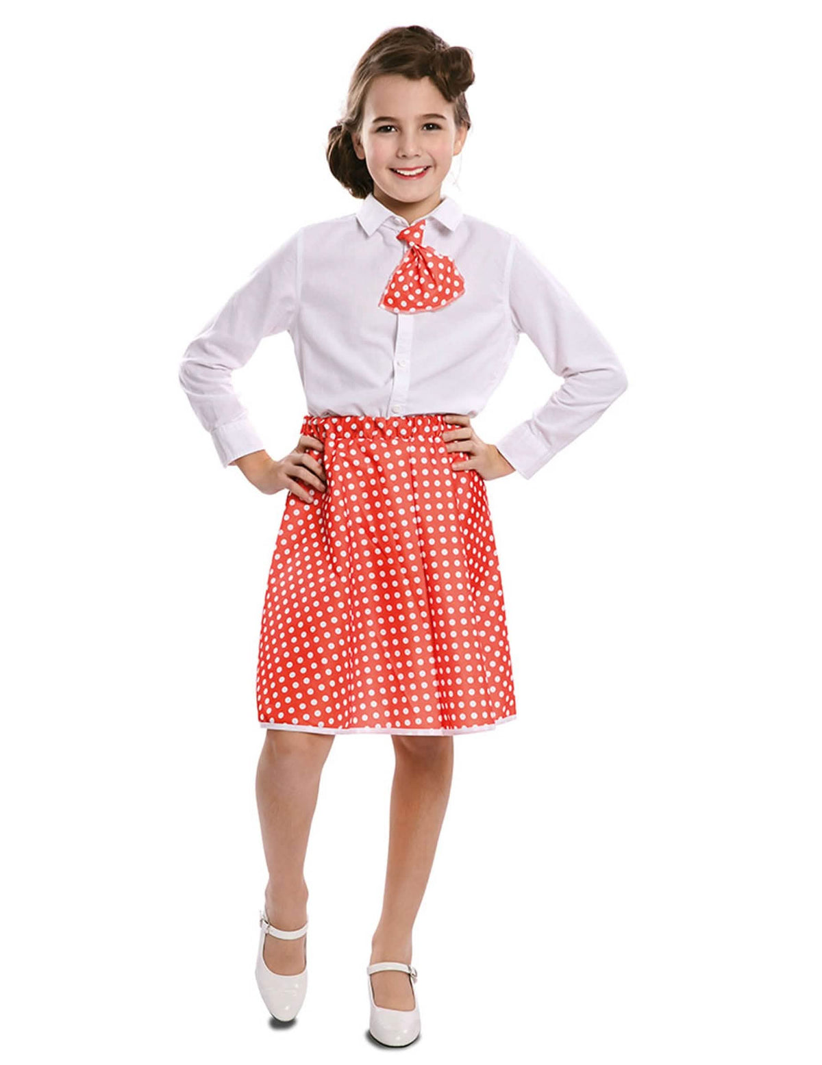 lány piros, fehér pöttyös pin-up nyakkendővel ellátott szoknya