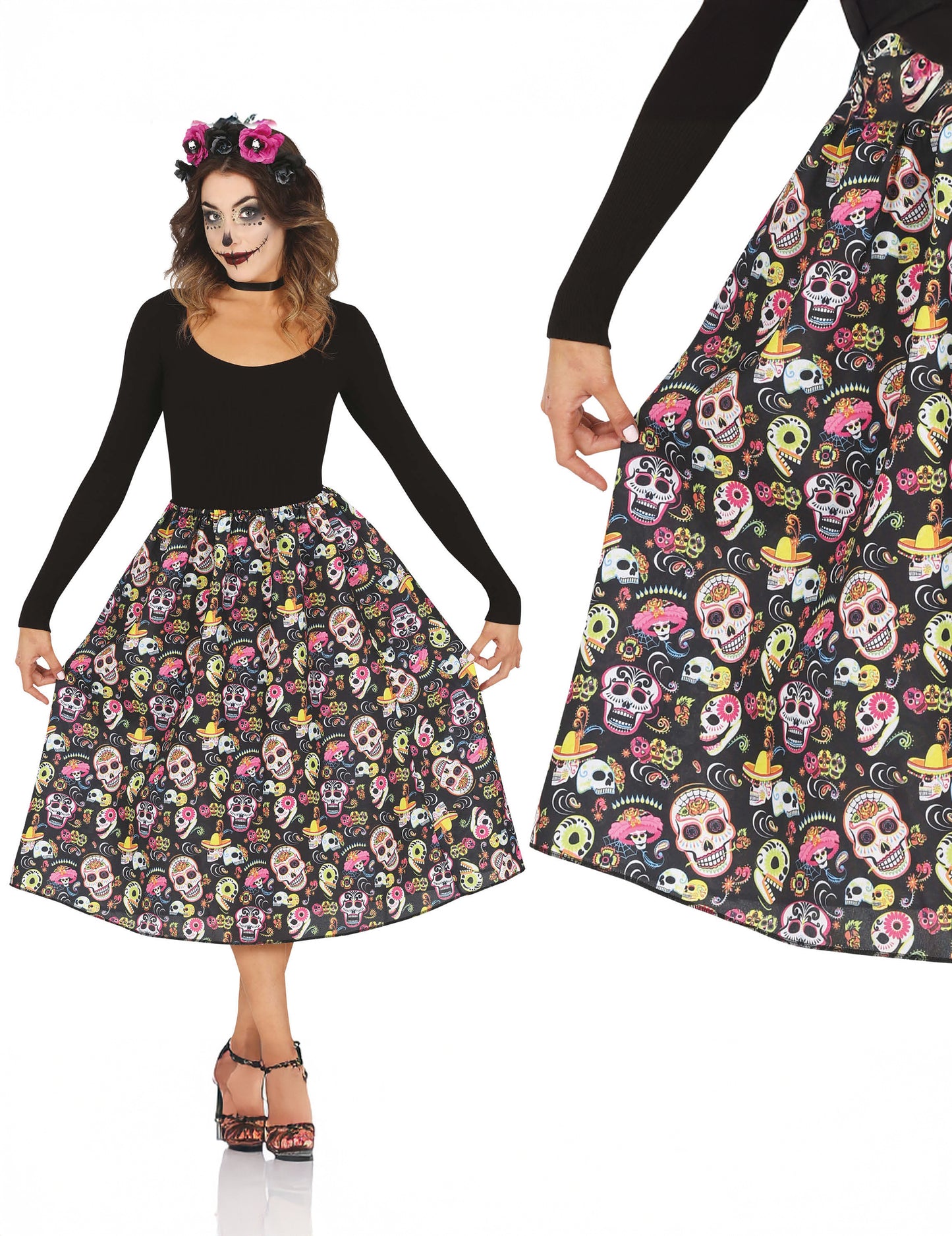 Gros plan sur les motifs de la jupe Dia de los muertos