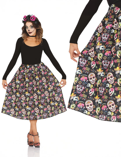 Gros plan sur les motifs de la jupe Dia de los muertos