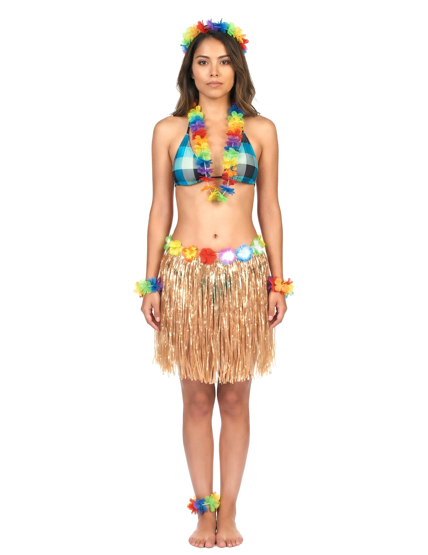 Vue de face de la jupe hawaïenne courte en plastique pour adulte